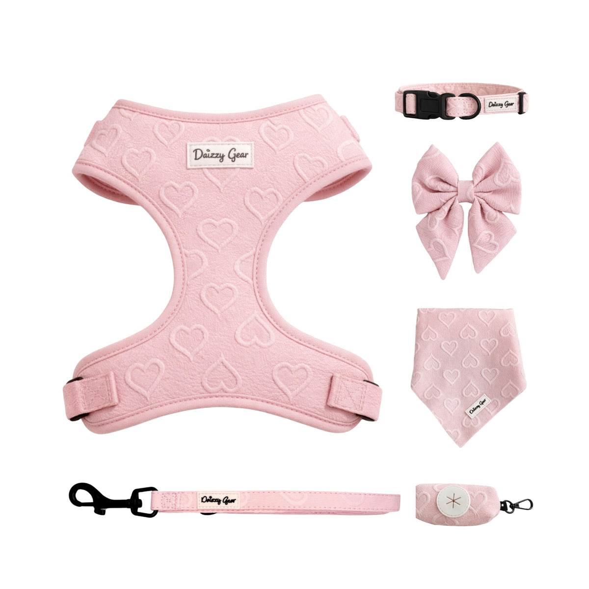 Harnais Daizzy Gear petit chien avec cœur rose jacquard, confort lors des promenades.