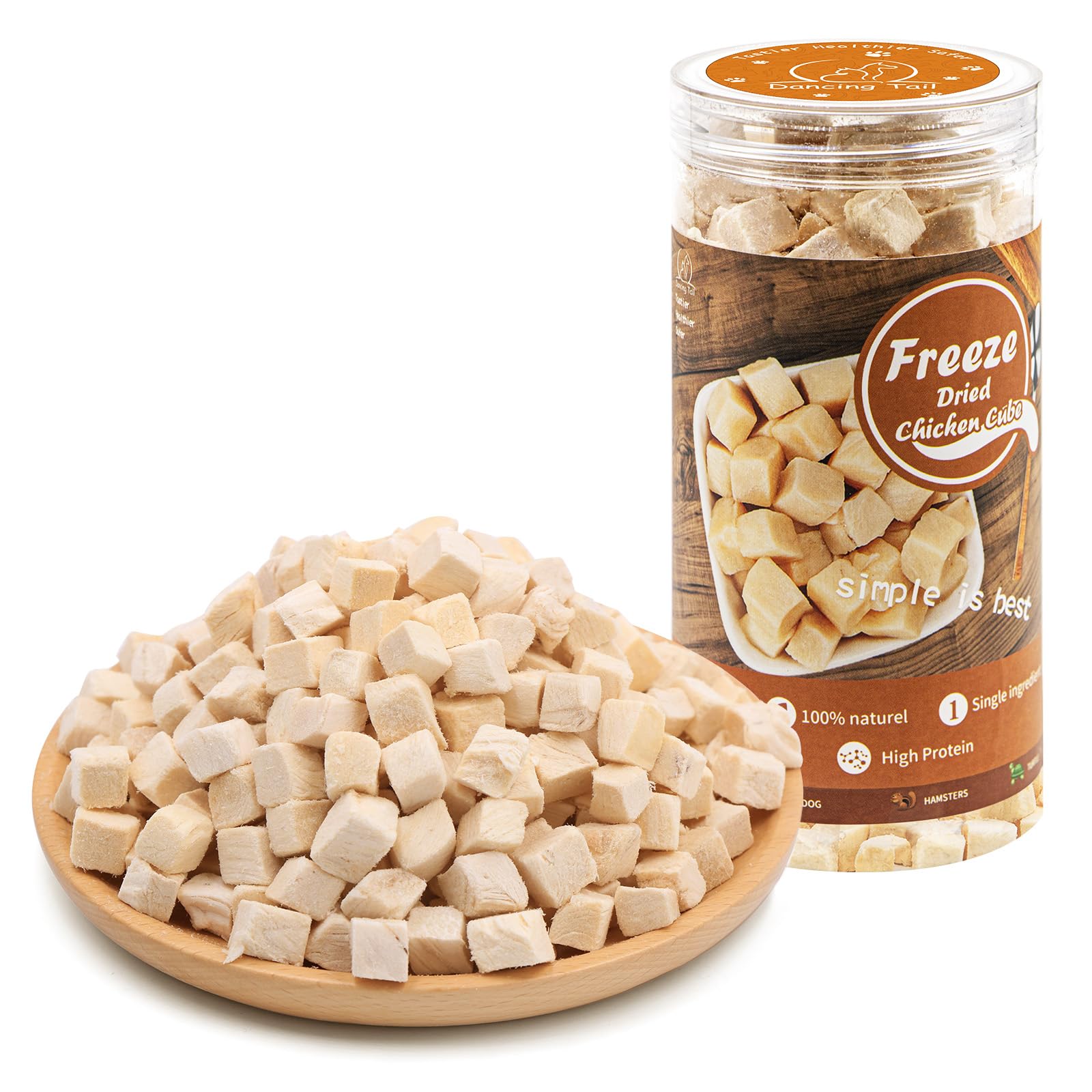 Dancing Tail cubes poulet lyophilisés – friandise savoureuse pour chiens et chats.
