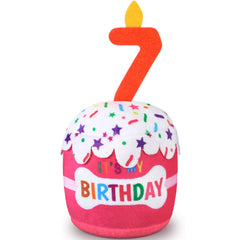 Dansydaisy gâteau-anniversaire-chien rose, jouet peluche couinant pour célébrer le grand jour.