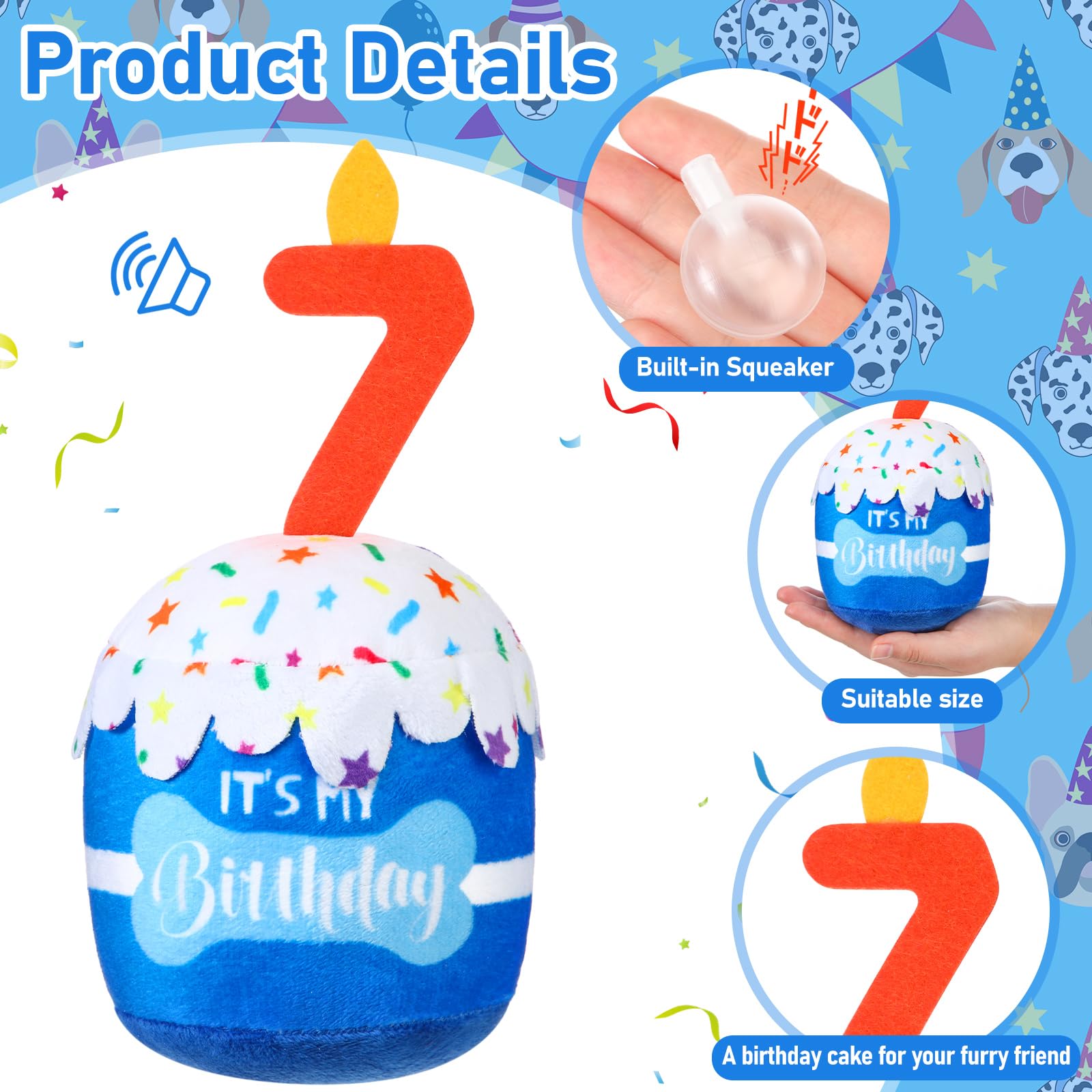 Dansydaisy jouet chien 7e anniversaire bleu, divertissement festif pour tous les chiens.
