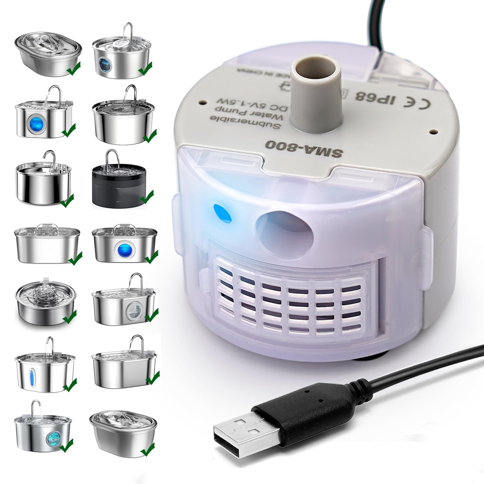 Pompe Daoxuan SMA-800 pour fontaine chat, emballage et guide d’installation.
