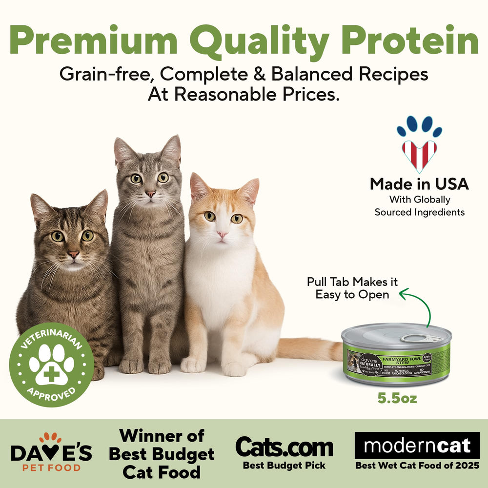Dave's Pet Food – étiquette montrant poulet et canard, ingrédients naturels.
