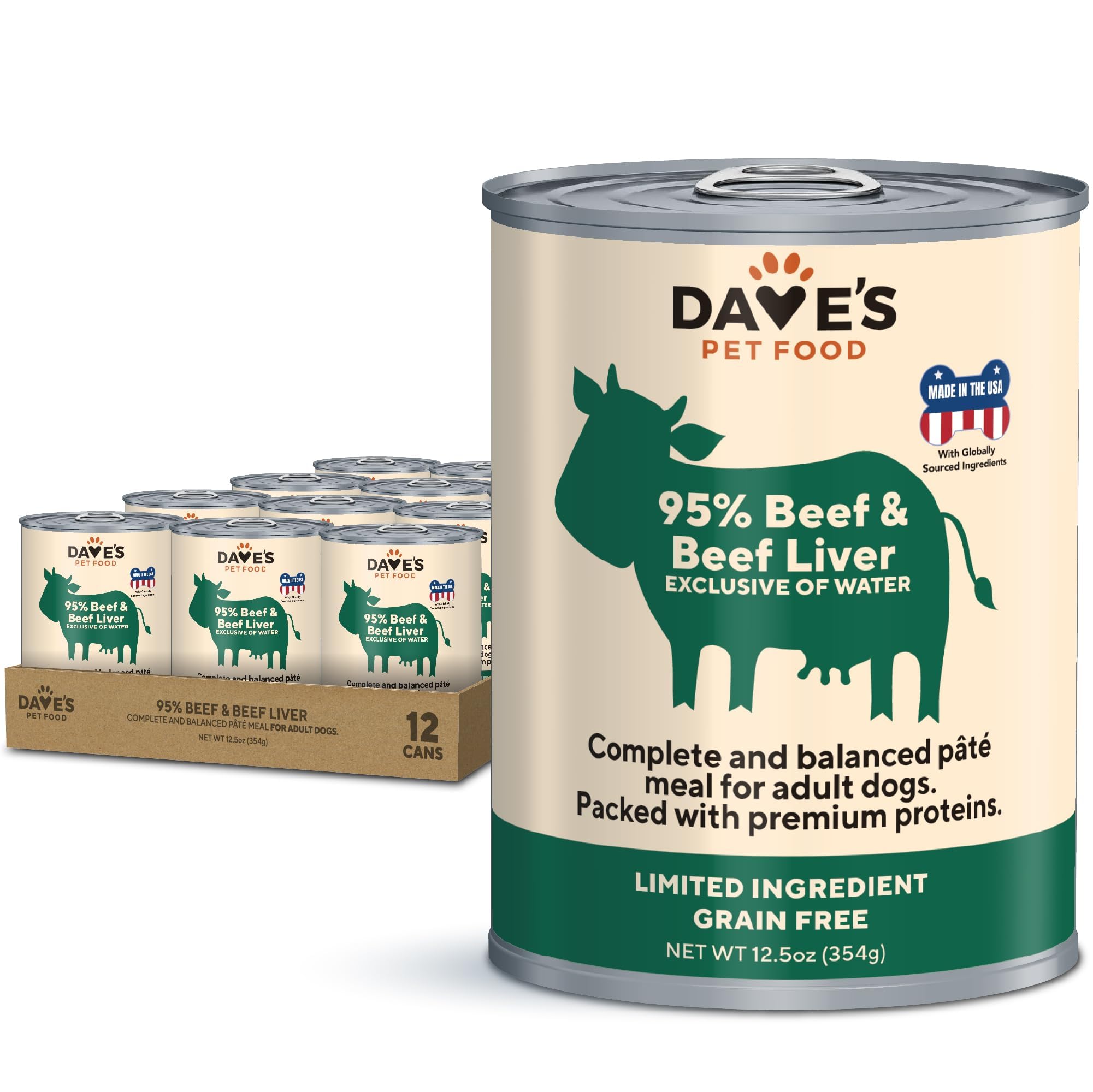 Dave's Pet Food boîte boeuf et foie pour chien, protéine unique et goût riche
