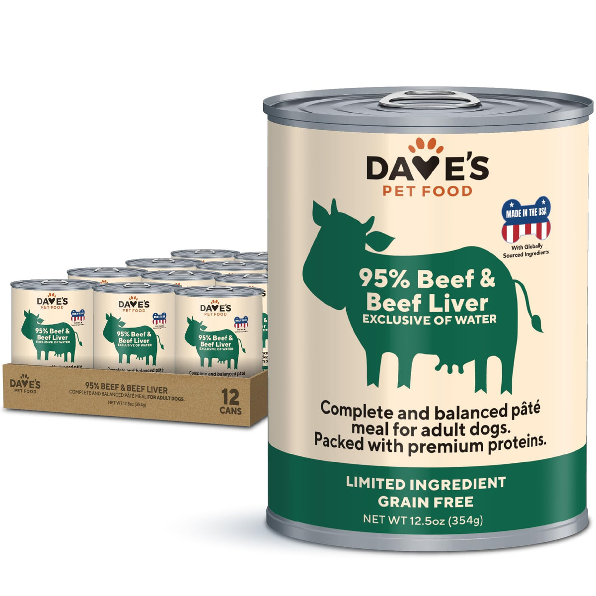 Dave's Pet Food boîte boeuf et foie pour chien, protéine unique et goût riche