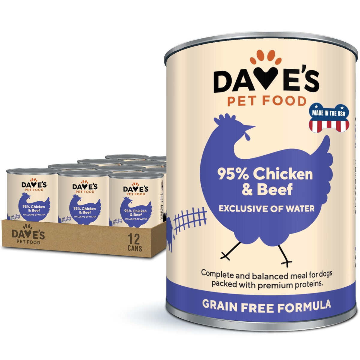 Dave's Pet Food: boîte humide 95% poulet et boeuf, repas appétent.