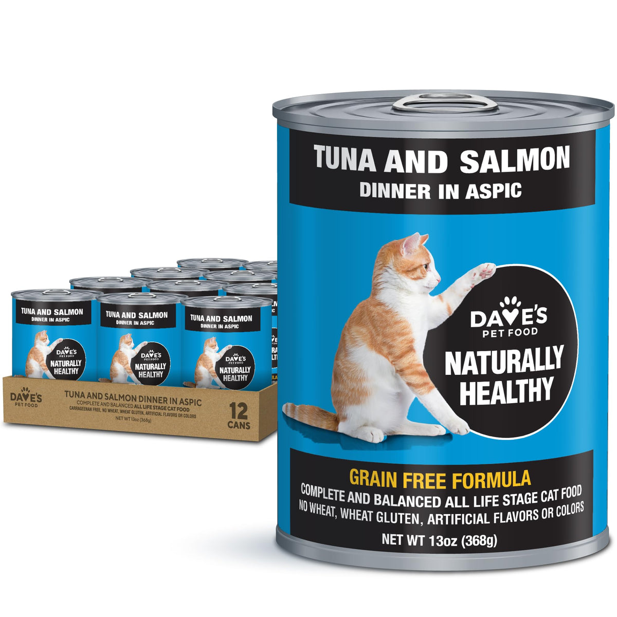 Dave's Pet Food – pâtée thon-saumon en aspic, boîte prête à servir pour le chat.