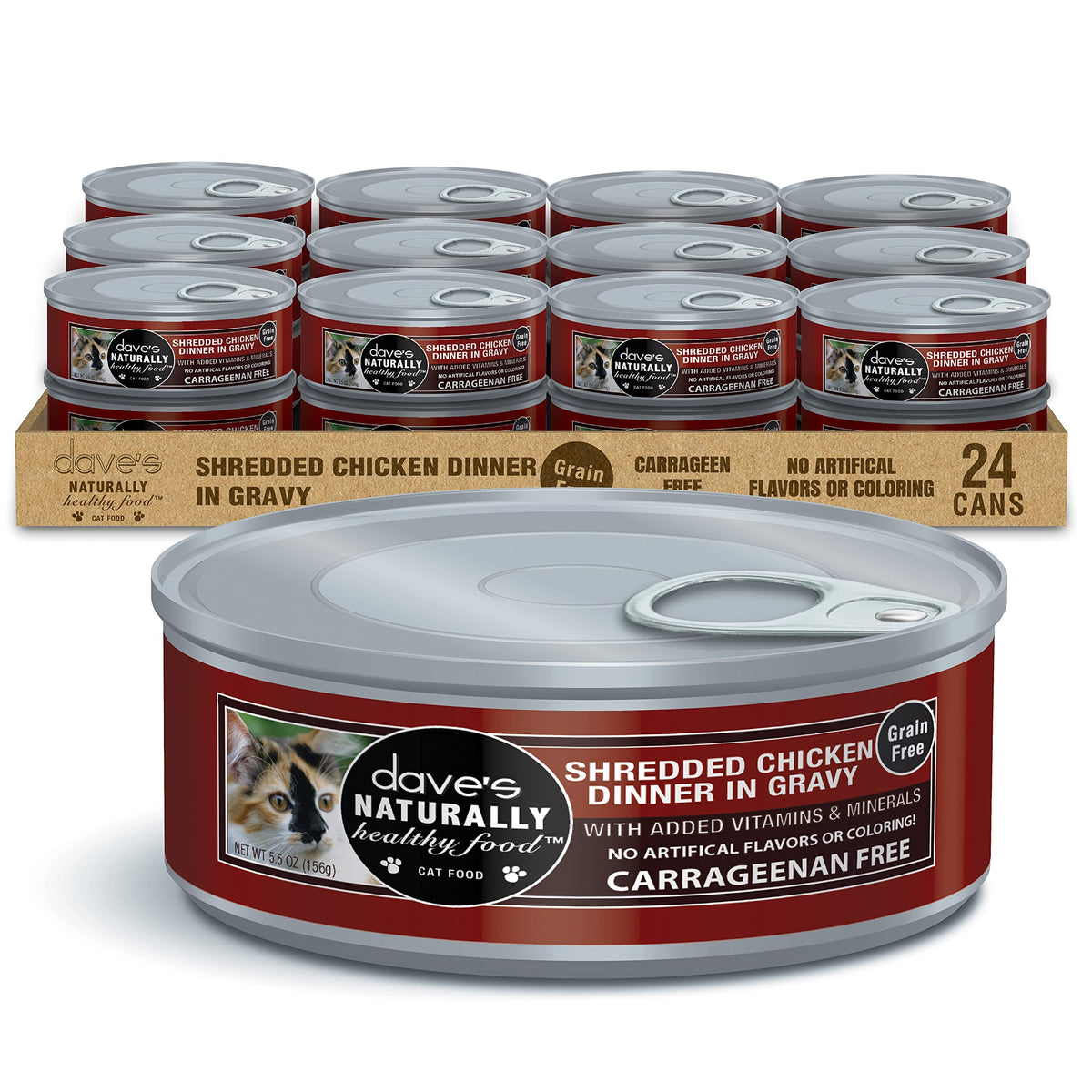 Dave's Pet Food montre la boîte de chat sans céréales avec poulet en sauce.