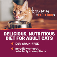 Dave's Pet Food montre des morceaux de poulet en sauce, appétit naturel.