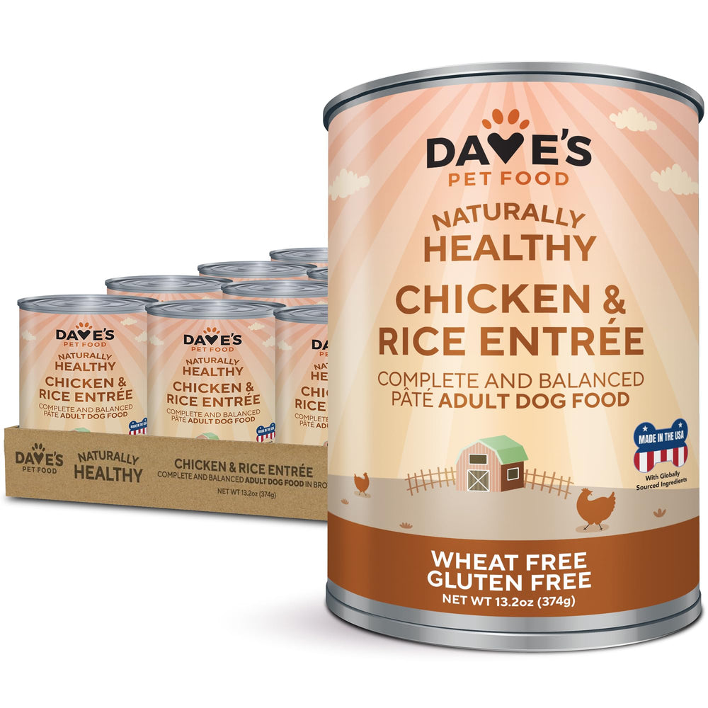 Dave's Pet Food conserve pour chien au poulet et riz dans un bol appétissant.