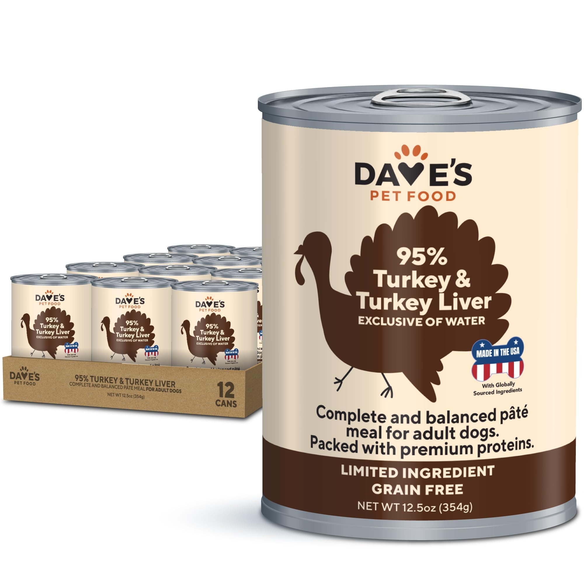 Conserve Dave's Pet Food avec foie de dinde, 95% protéines simples pour chiens sensibles