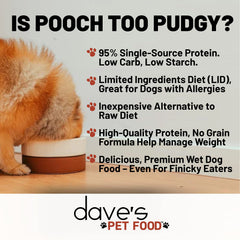 Dave's Pet Food étiquette sans céréales, option adaptée pour chiens sensibles