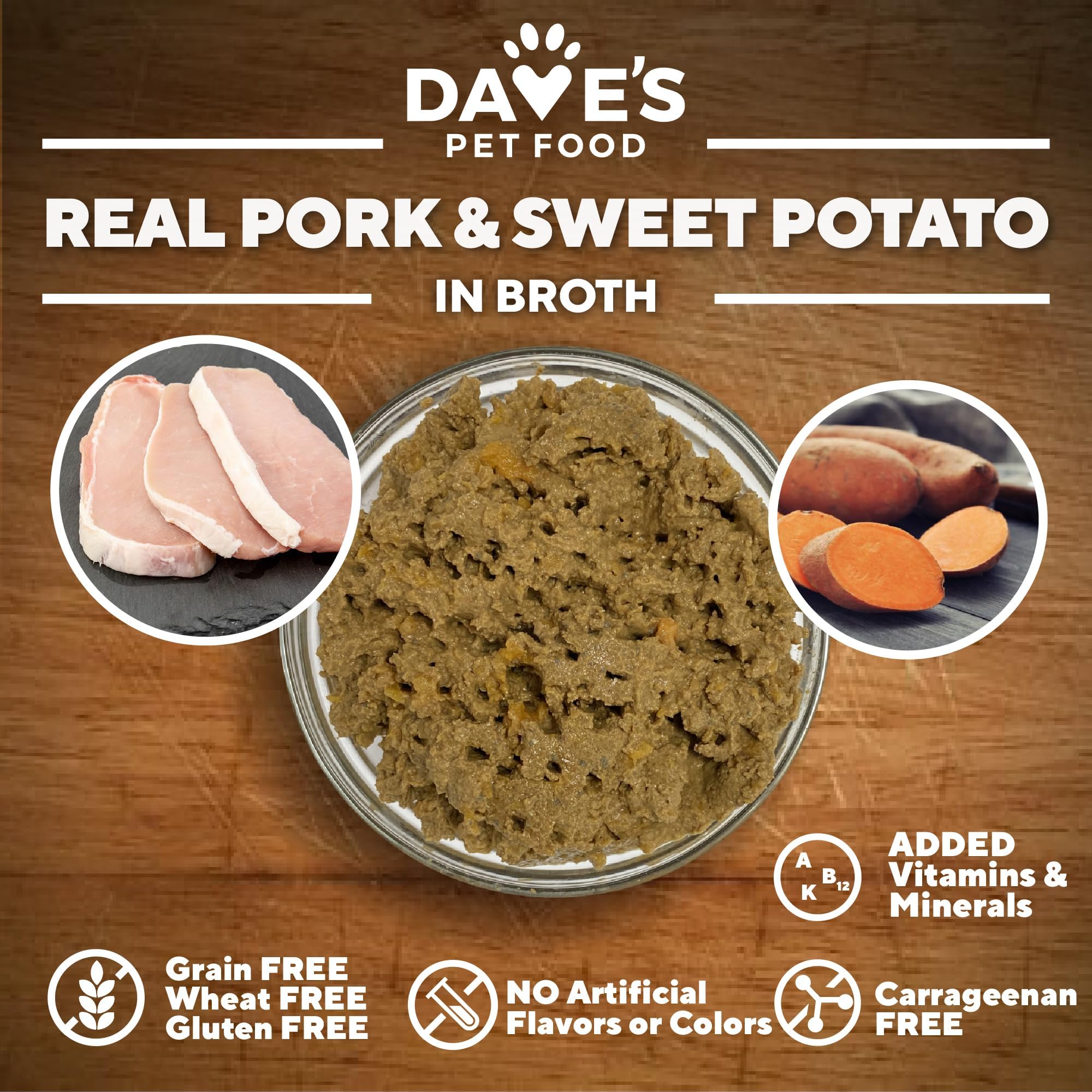 Dave's Pet Food format 132 oz porc et patate douce, pratique en pack