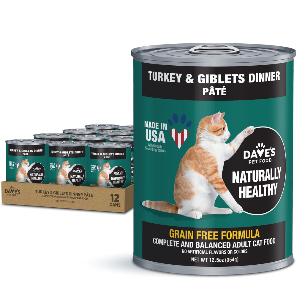 Dave's Pet Food pâte dinde-giblets en boîte, texture crémeuse et pratique à servir.