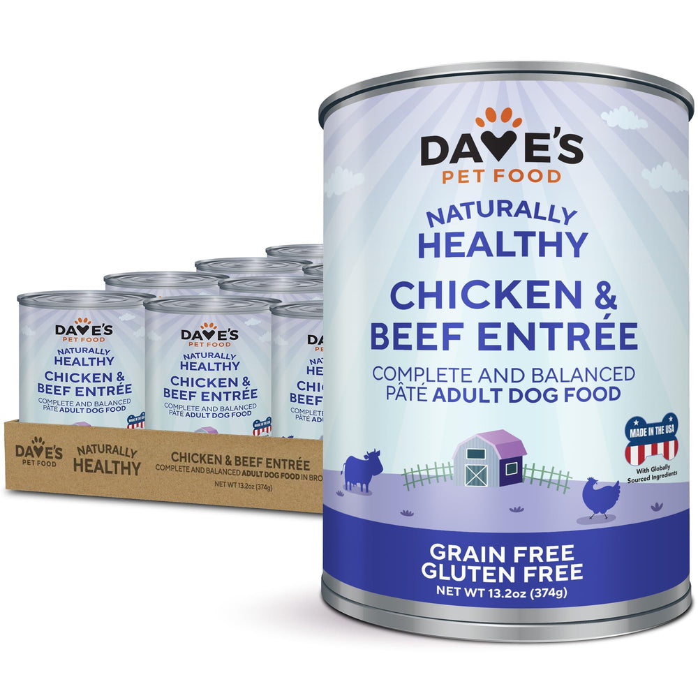 Dave's Pet Food pâte humide au poulet et bœuf, texture appétissante pour le repas.