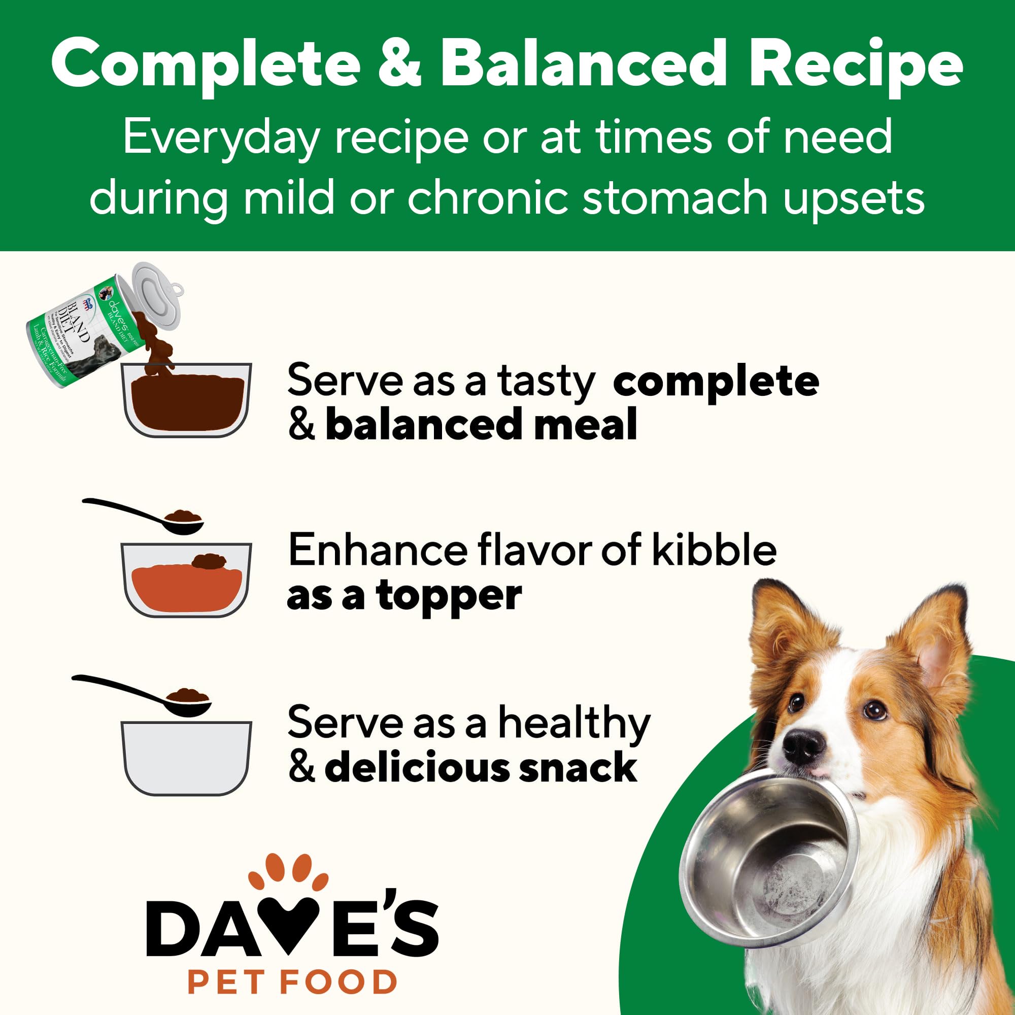 Dave's Pet Food utilisation-quotidienne : repas principal ou complément lors transitions.