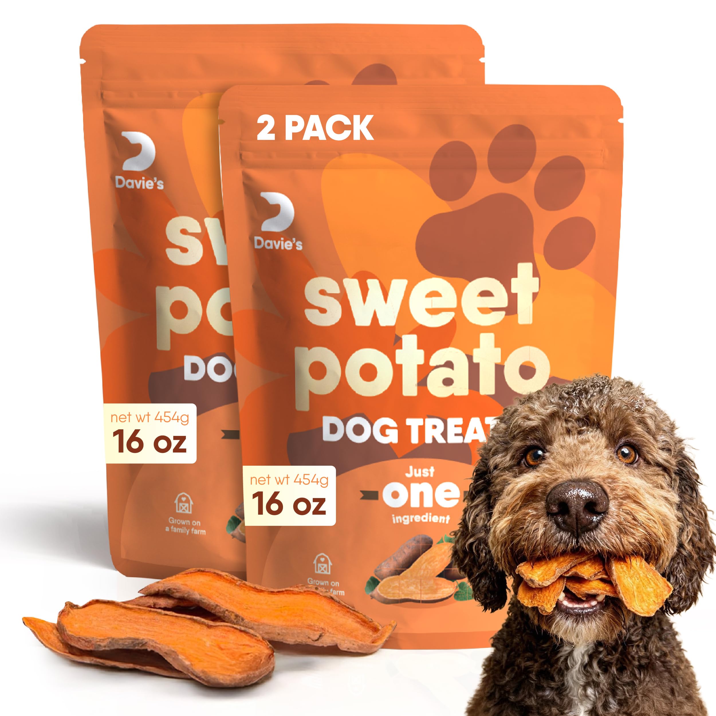 Davie's Naturals friandises patate douce, emballage pratique, parfait pour l'entraînement.