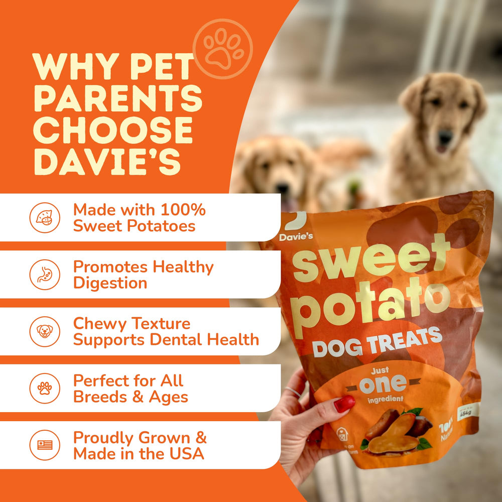 Davie's Naturals friandises patate douce, emballage 2 sachets, économie et praticité.
