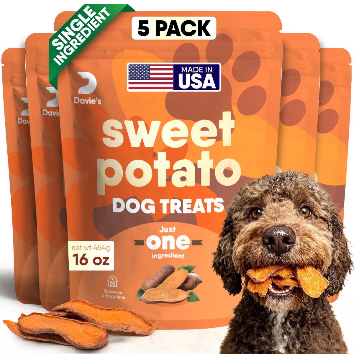 Friandises Davie's Naturals patate douce en sachet 1 livre pour chiens gourmands.