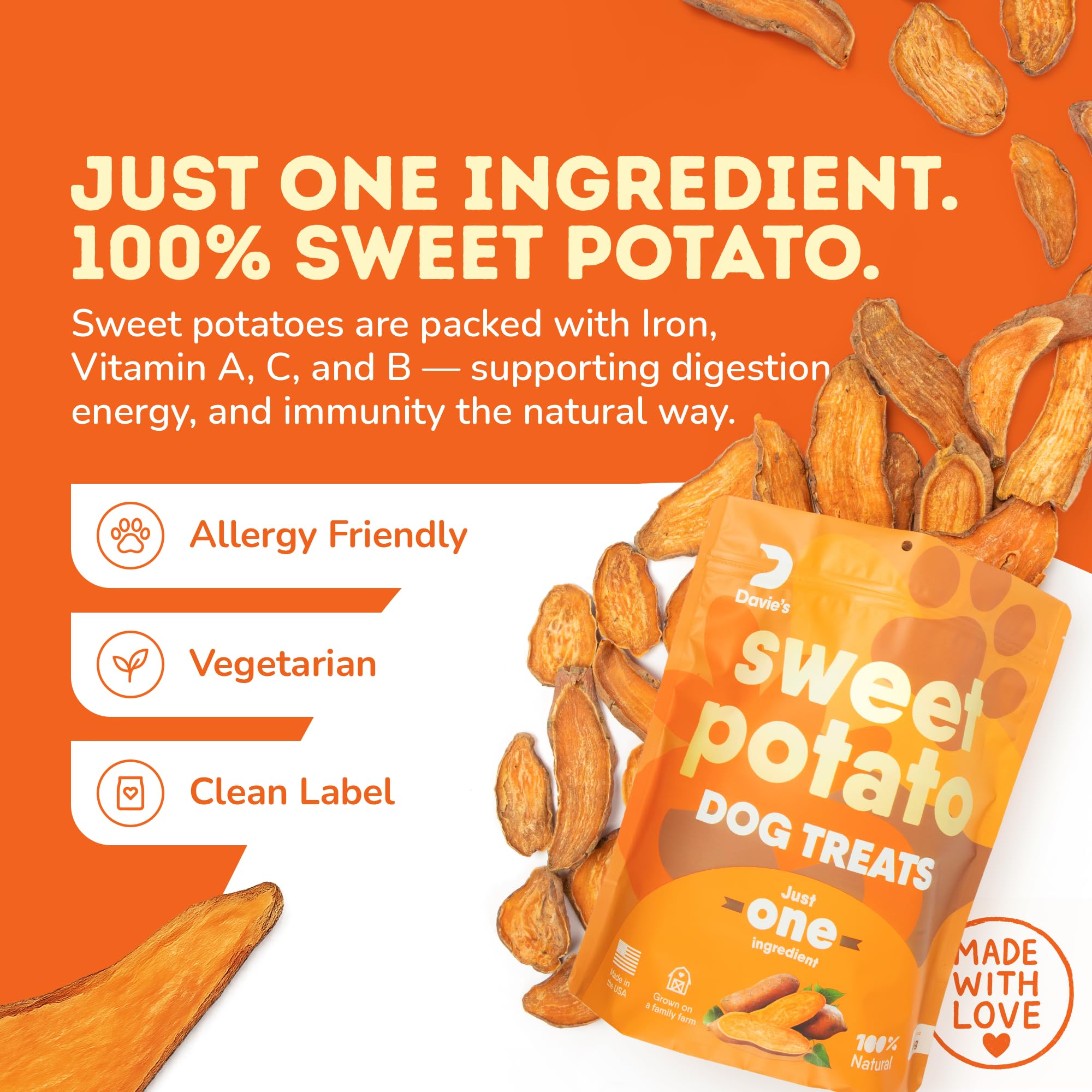 Patate douce sans grain Davie's Naturals pour chiens.