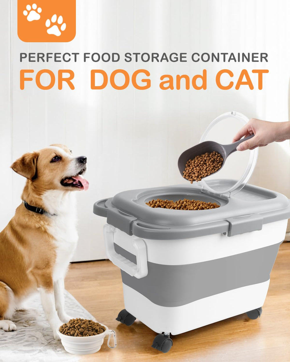 ddmommy-conteneur-nourriture-chat-roues-poignee: mobilité facilitée pour déplacer les aliments.