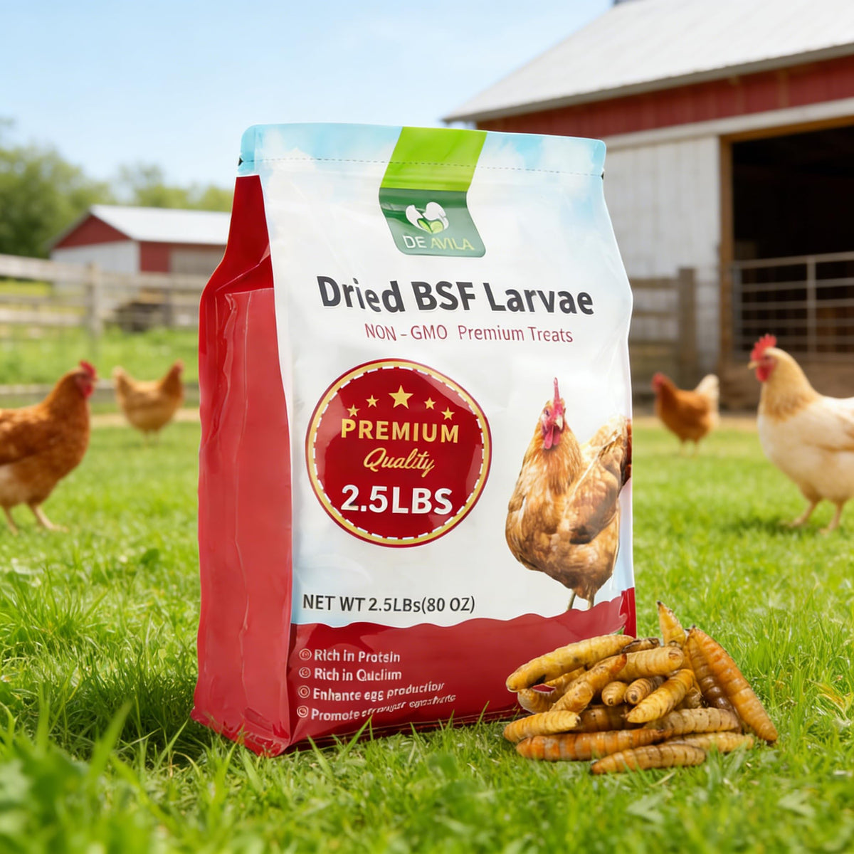 DE AVILA larves noires séches pour poules, stimulant l'appétit des volailles.