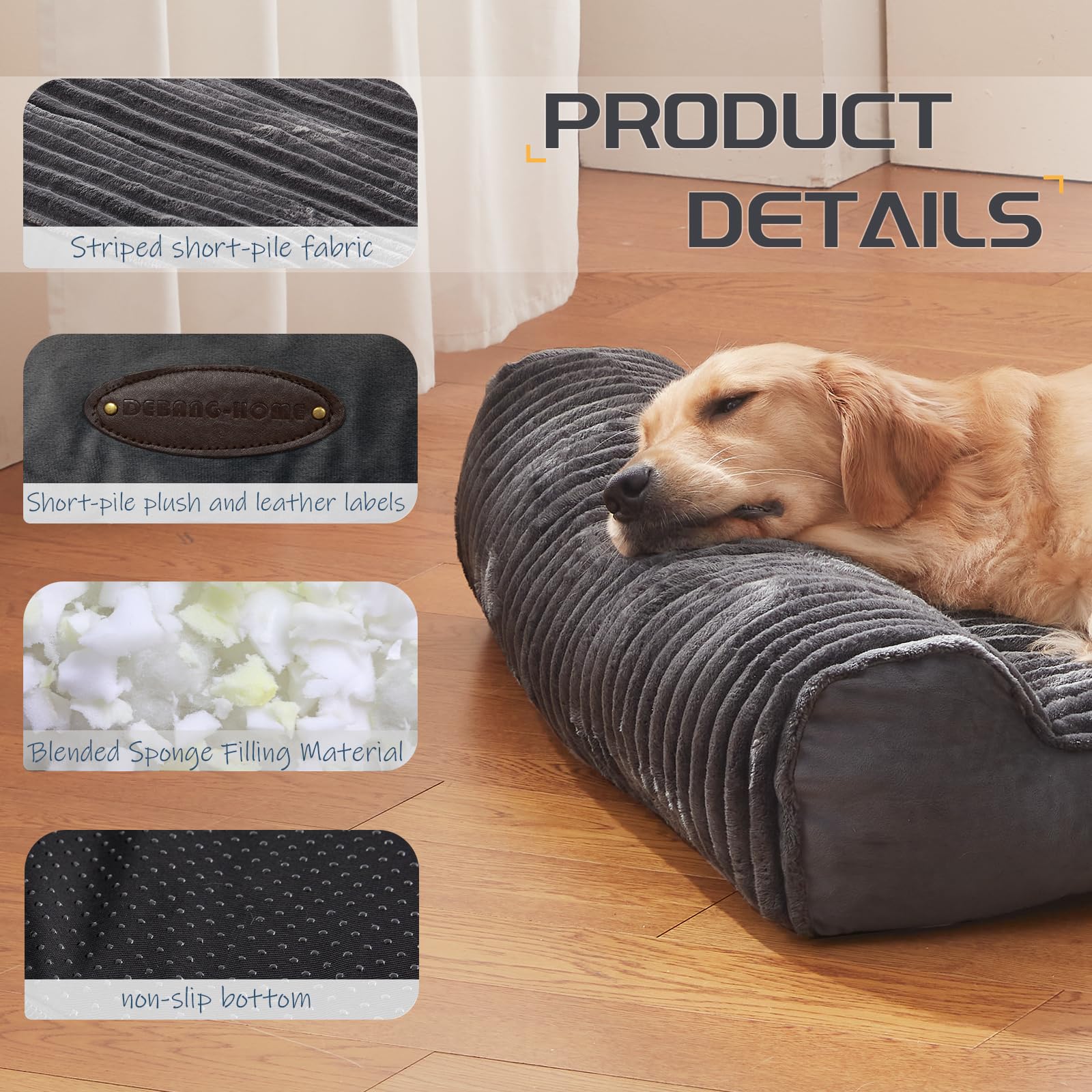 DEBANG HOME lit pour chien, tissu gris rayé ultra doux pour un sommeil agréable