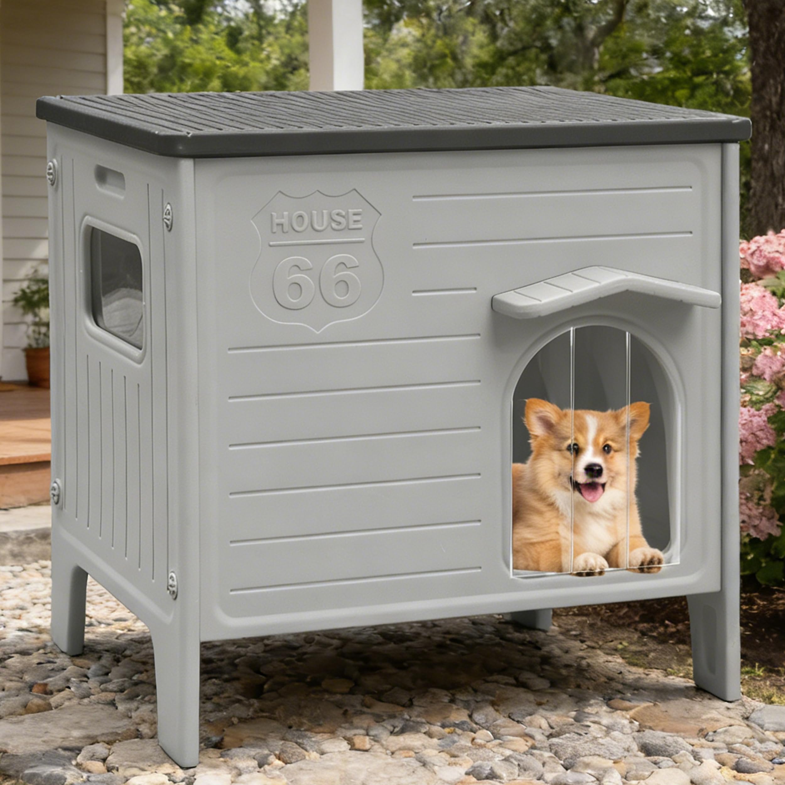 Cabane Deblue pour chien, vue extérieure, résistante et imperméable, adaptée à l'extérieur.