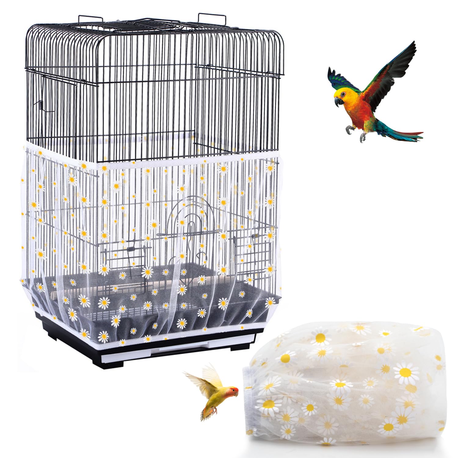 DECKALY attrape-graines pour cage oiseau daisy blanc, installation facile et nettoyage simplifié.