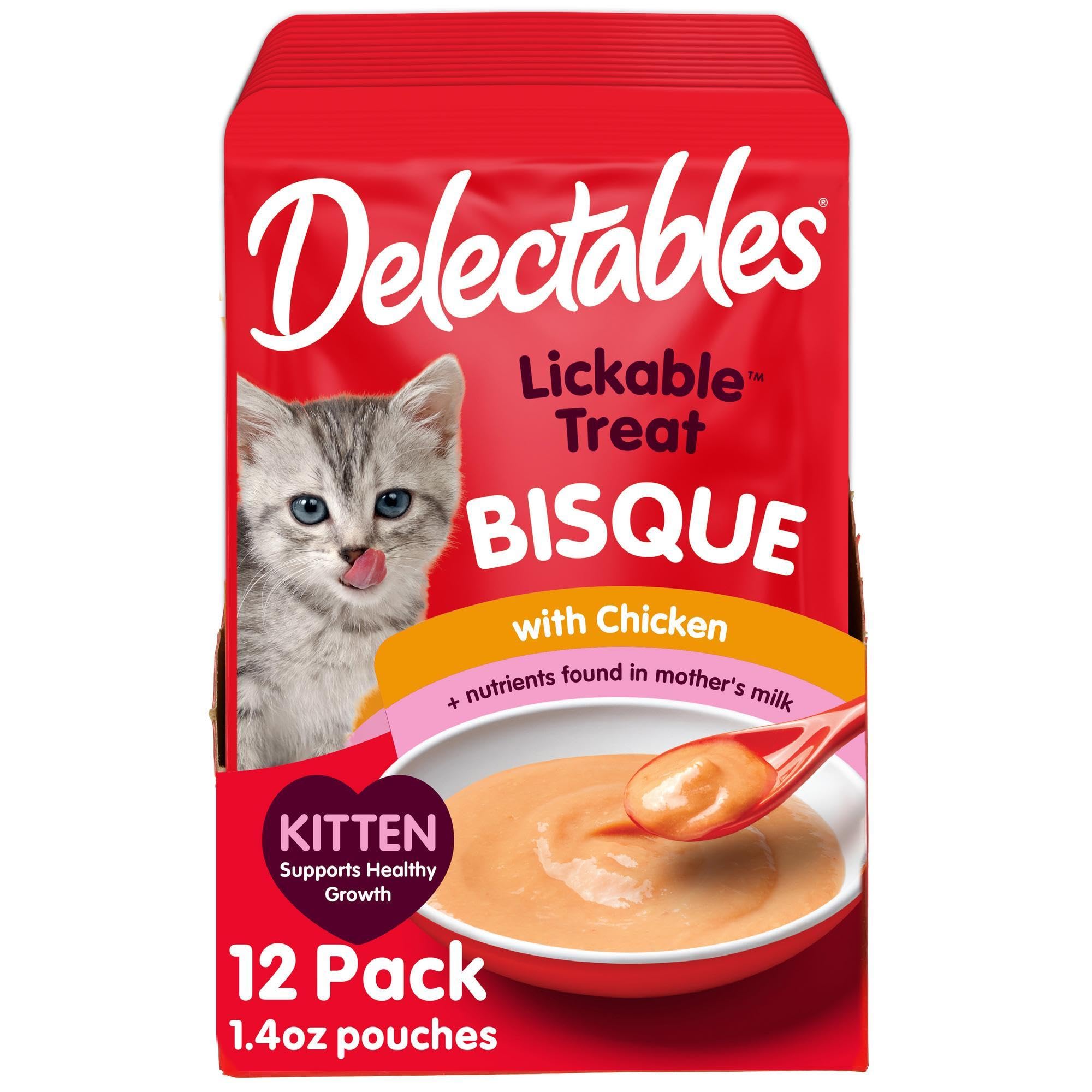 Delectables Bisque chaton thon-poulet, texture cremeuse pour hydratation quotidienne.