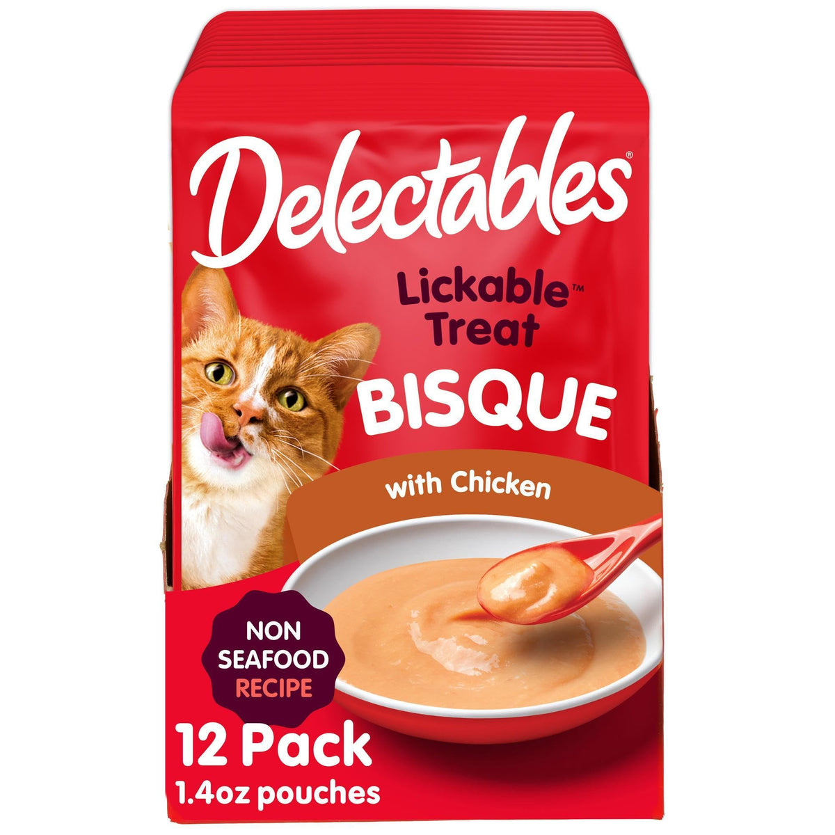Emballage Delectables Bisque à lécher pour chats adultes et seniors.