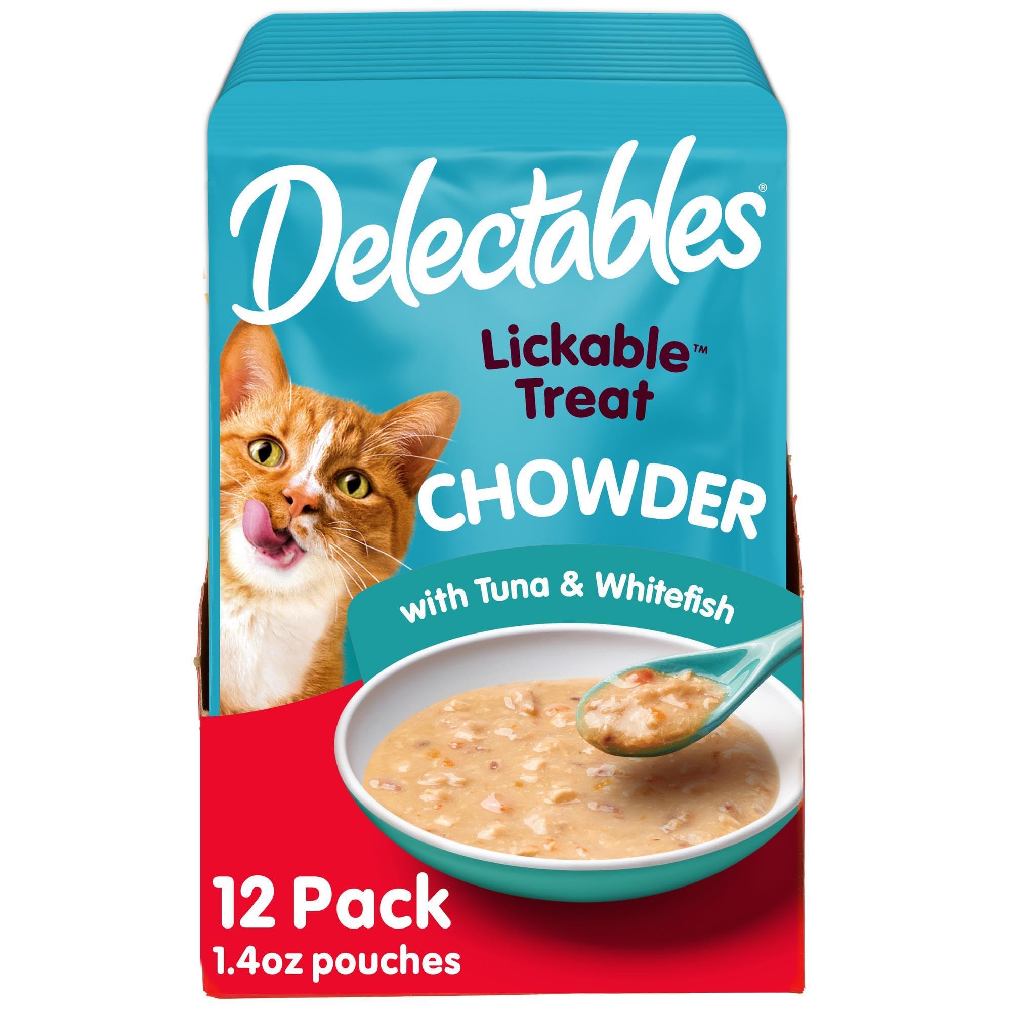 Chaudrée Delectables pour chat au thon et poisson blanc, texture alléchante.