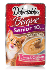 Delectables Hartz Senior Bisque sachet poulet, texture onctueuse pour chats.