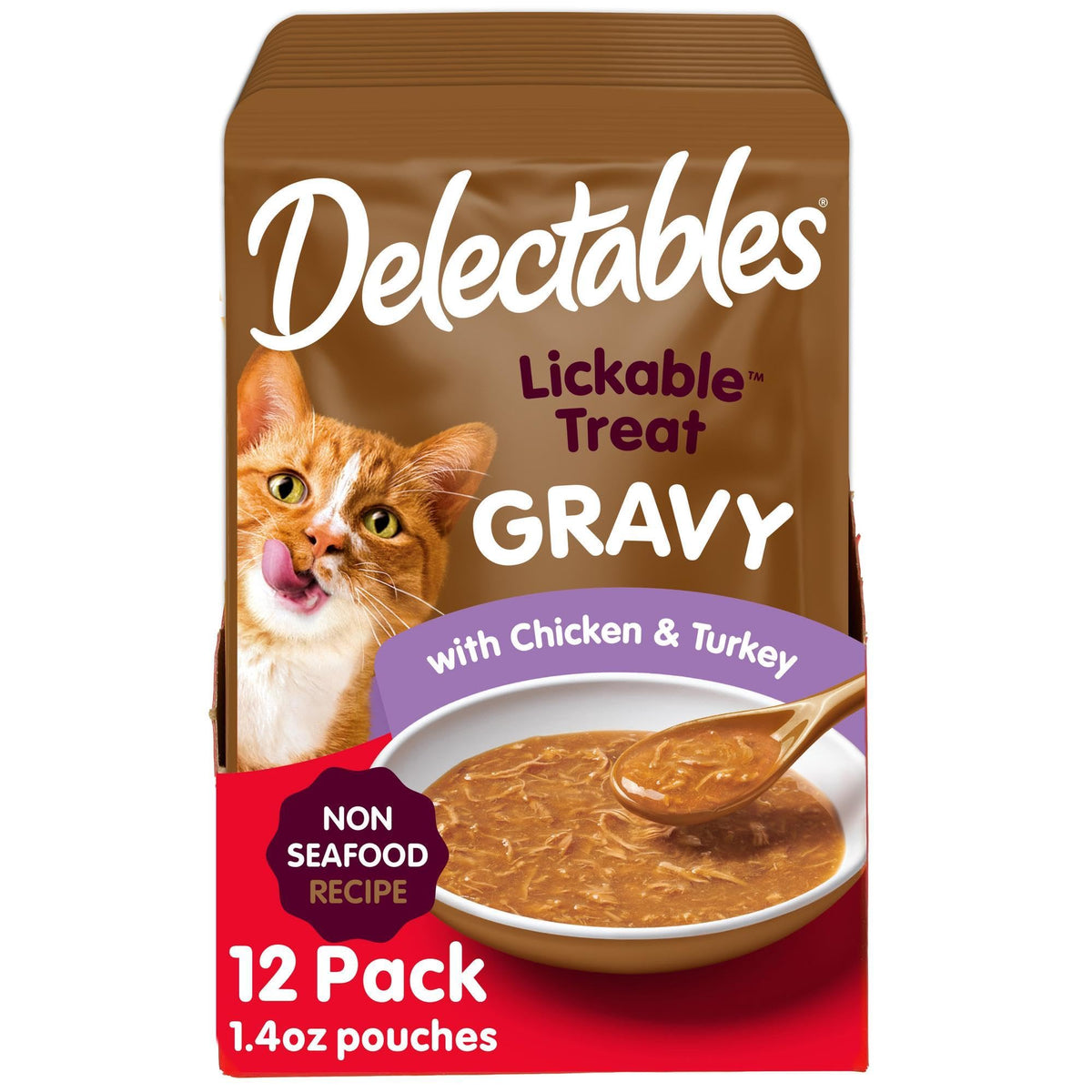 Delectables Lickable Gravy: sachet poulet-dinde prêt à servir, hydratation gourmande.
