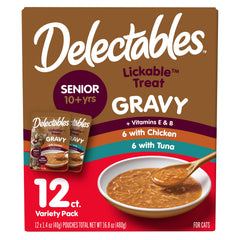 Delectables Lickable Gravy Senior 10+ en poche pour chats ages, facile a servir.