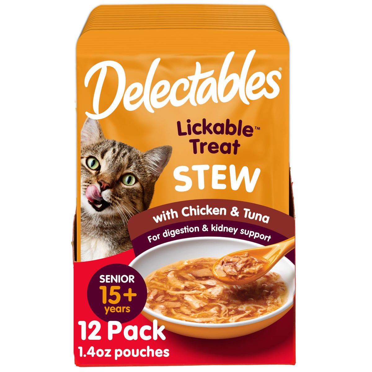 Delectables Lickable Stew Senior : morceaux poulet et thon en sachet appétissant.