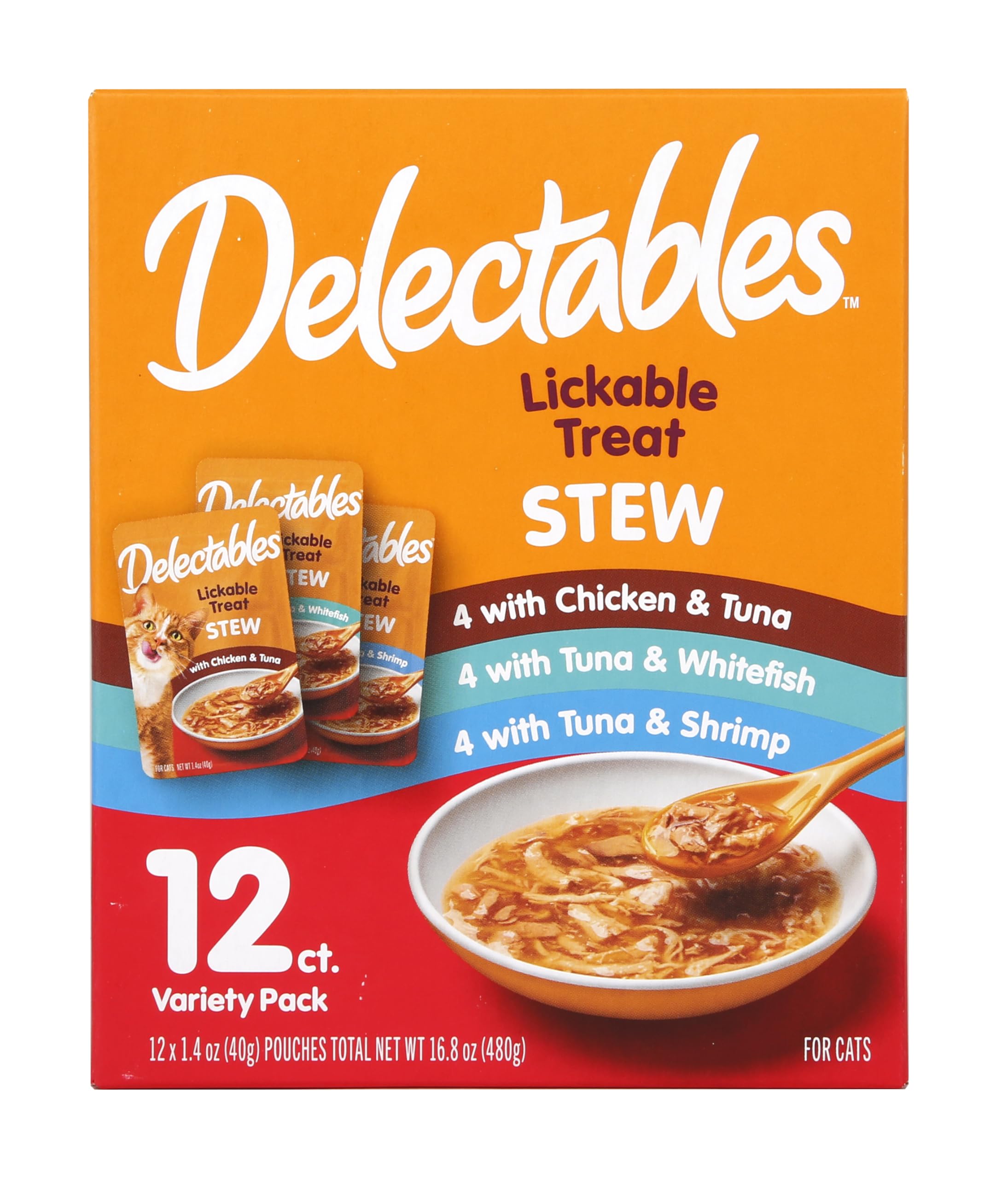 Delectables pack 12 ragout à lécher chat emballage, pratique pour le repas.