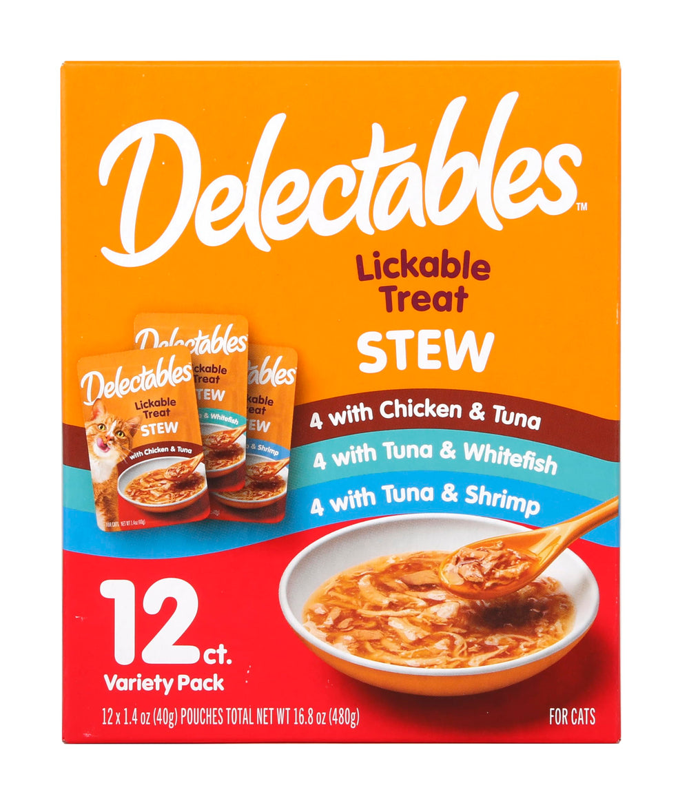 Delectables pack 12 ragout à lécher chat emballage, pratique pour le repas.