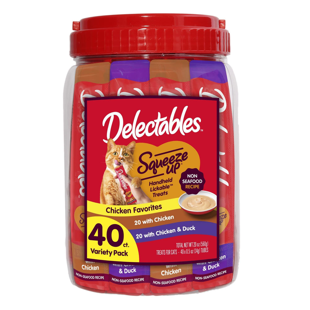 Pack Delectables Squeeze Up avec 40 tubes, prête à récompenser votre chat.