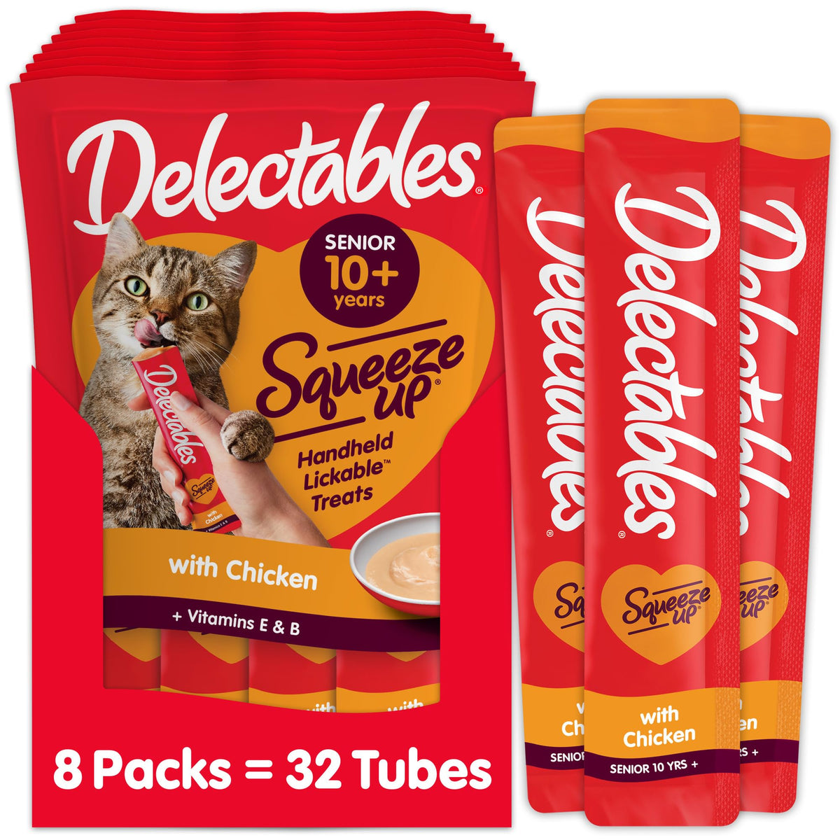Delectables Squeeze Up purée poulet senior, texture onctueuse idéale pour l'hydratation.