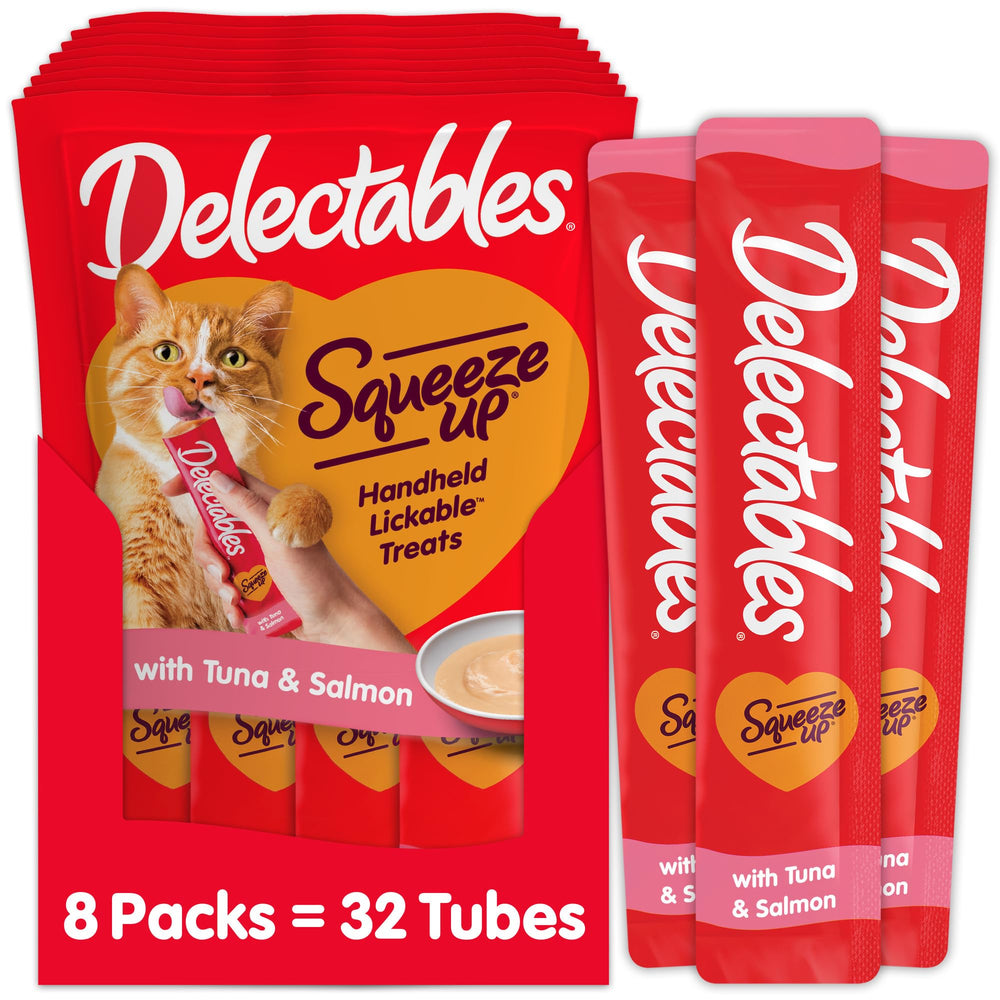 Delectables Squeeze Up – tube thon-saumon, purée savoureuse pour chats.