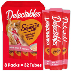 Delectables Squeeze Up – tube thon-saumon, purée savoureuse pour chats.