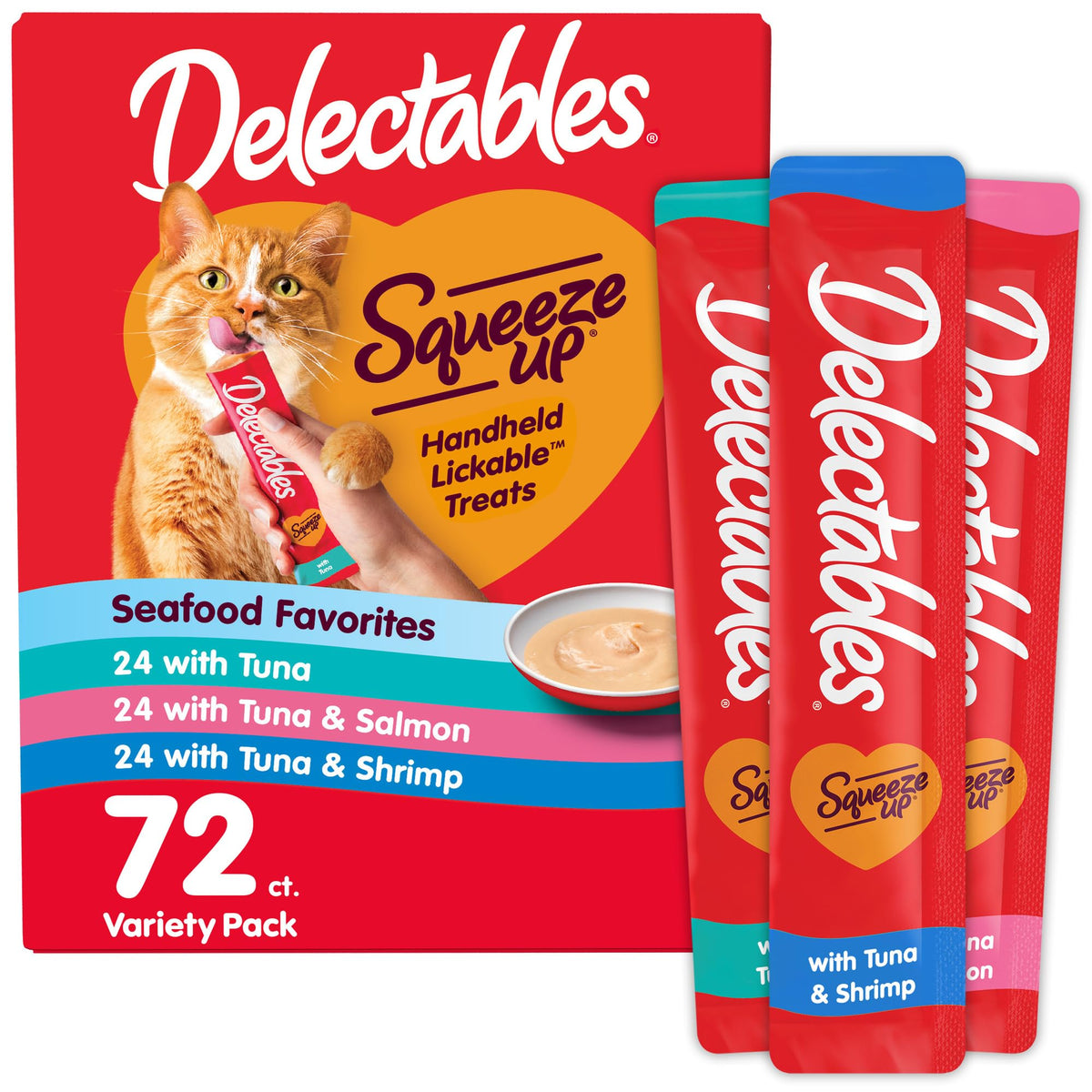 Delectables Squeeze Up – tubes crème-poisson pour moments de complicité avec votre chat.