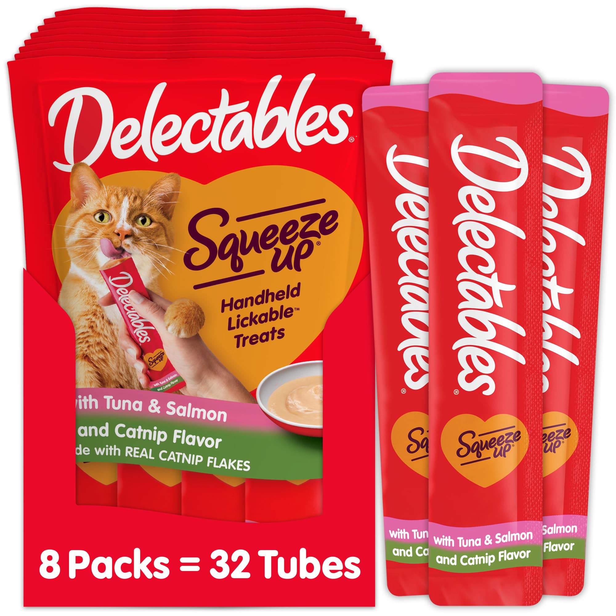 Delectables Squeeze Up, tube thon-saumon avec cataire, friandise interactive pour chat.