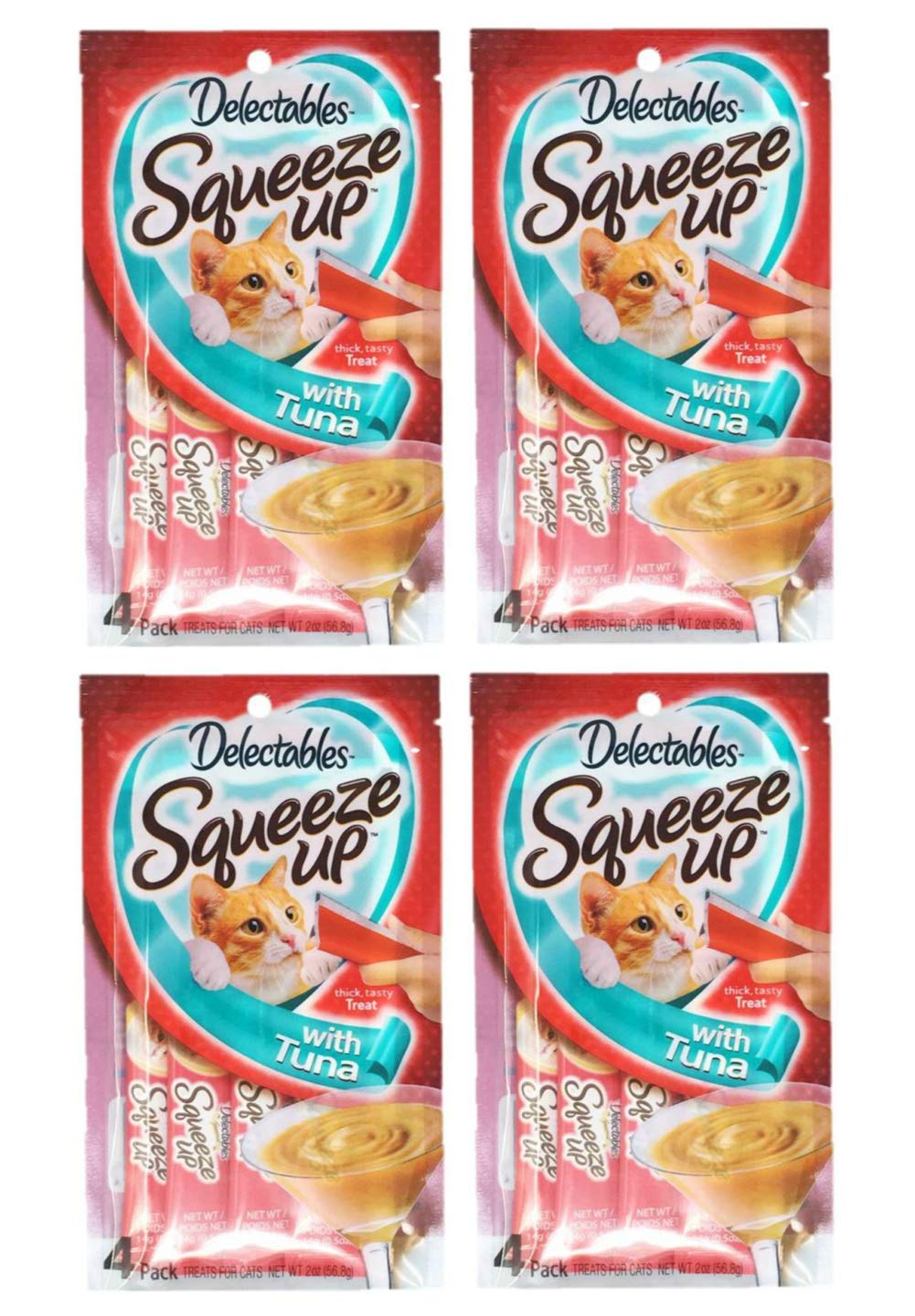 Delectables Squeeze Up: tubes au thon, gros plan et friandises interactives pour chats.