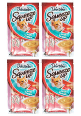Delectables Squeeze Up: tubes au thon, gros plan et friandises interactives pour chats.