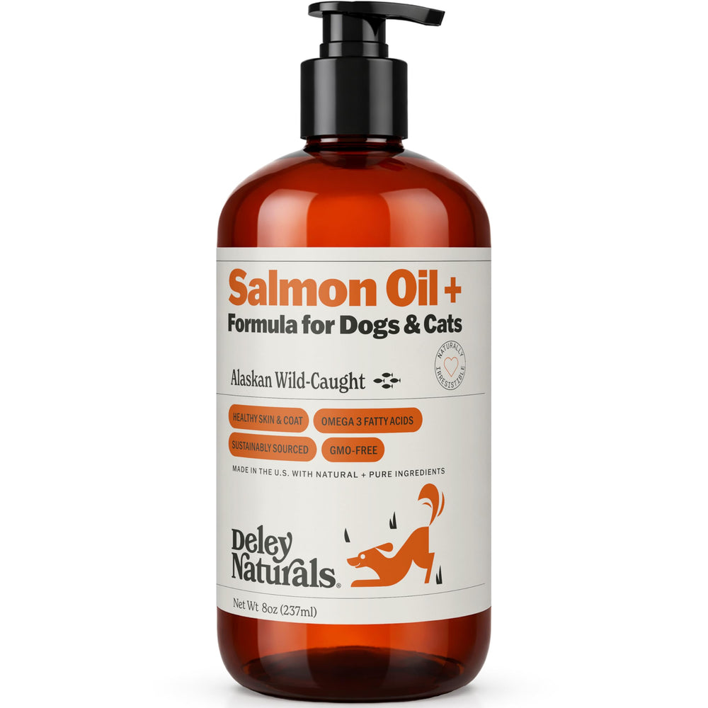 Deley Naturals bouchon pompe huile saumon, dosage facile pour repas quotidiens.