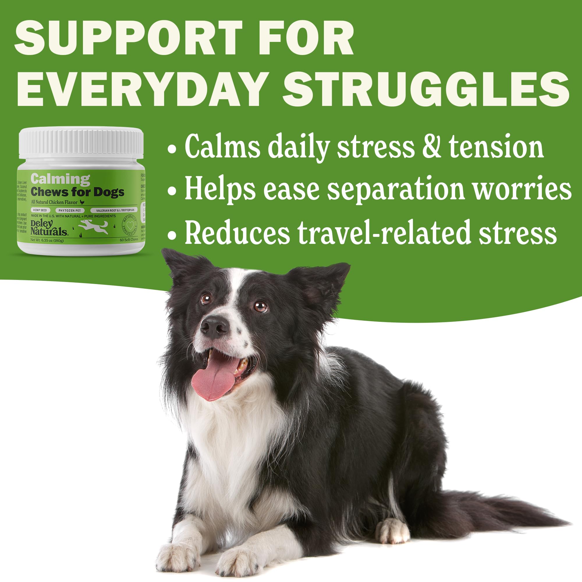 Morceaux de friandises Deley Naturals pour chien, favorisant le calme au quotidien.