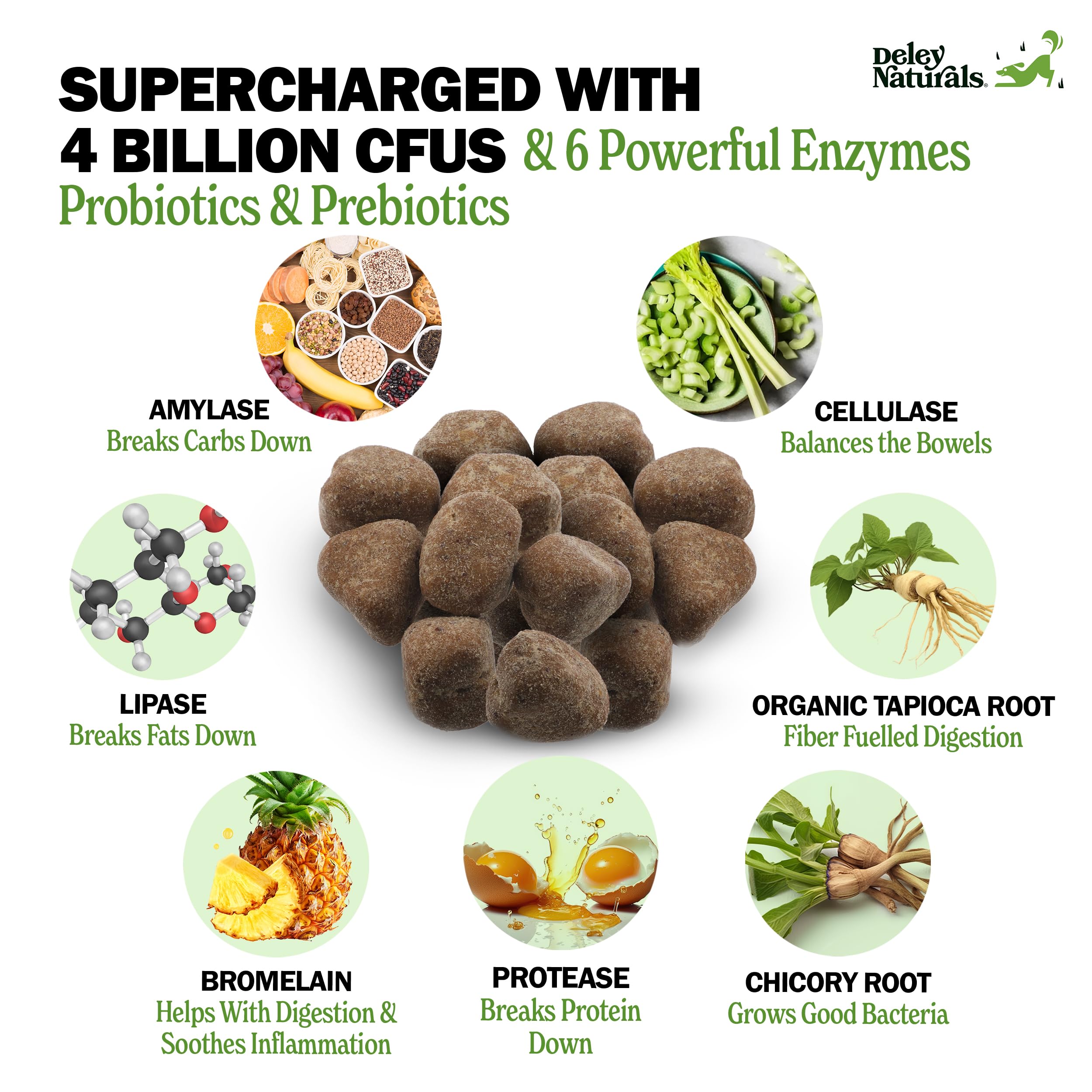 Deley Naturals: enzymes digestives et prébiotiques pour l'absorption des nutriments.