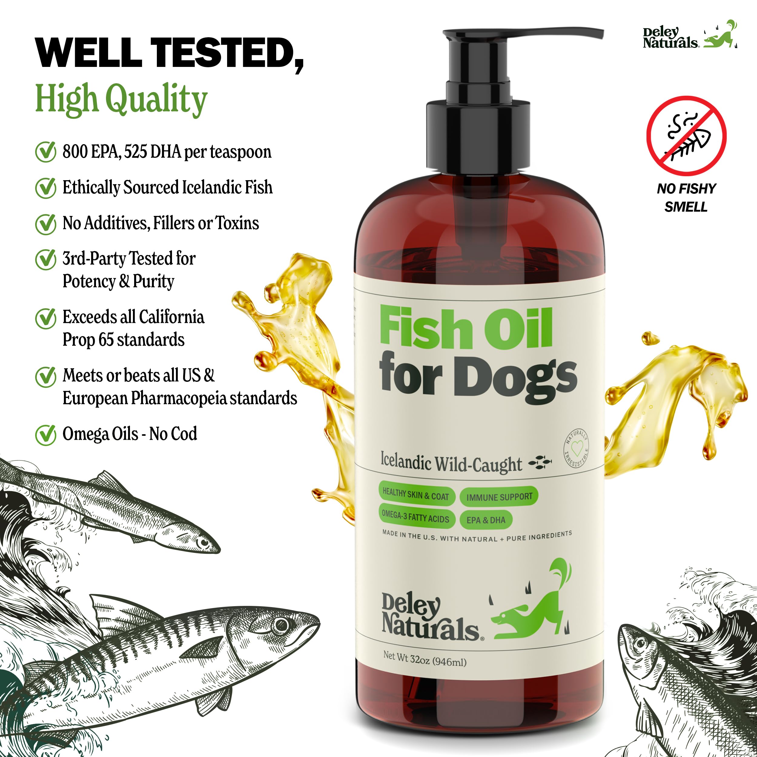 Deley Naturals Huile Poisson Chien, usage quotidien facile ajouté à la nourriture.