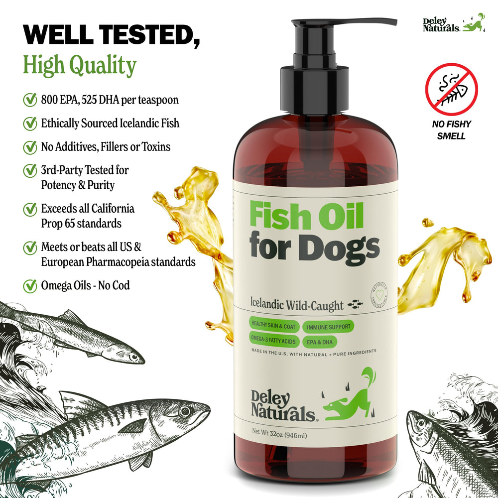 Deley Naturals Huile Poisson Chien, usage quotidien facile ajouté à la nourriture.